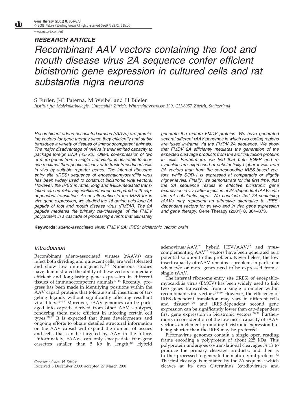 Recombinant AAV Vectors Containing the Foot and Mouth Disease Virus 2A
