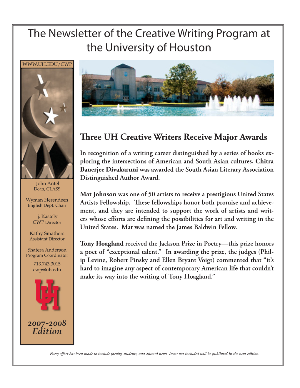 The Newsletter of the Creative Writing Program at the University of Houston