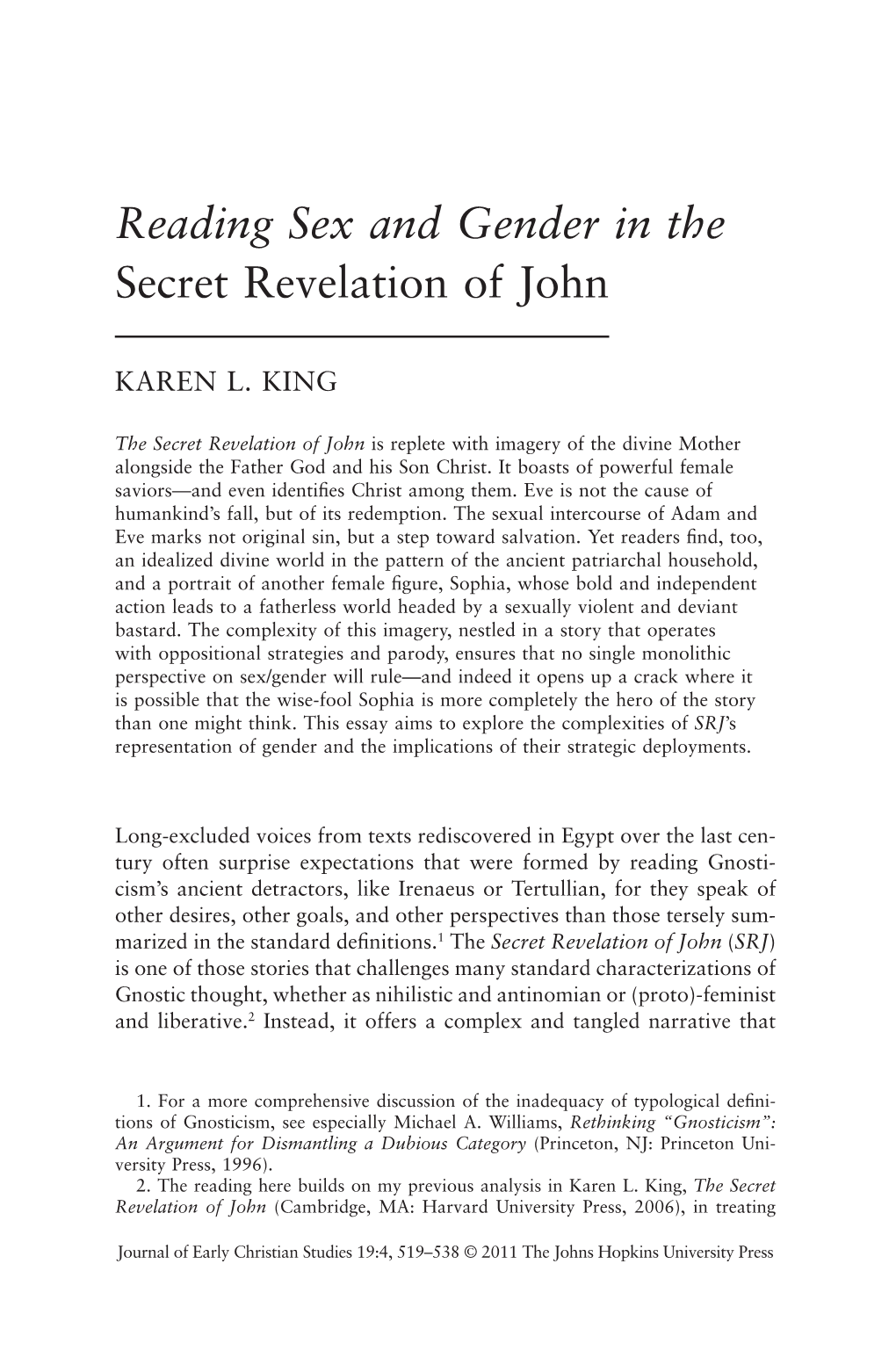 Reading Sex and Gender in the Secret Revelation of John