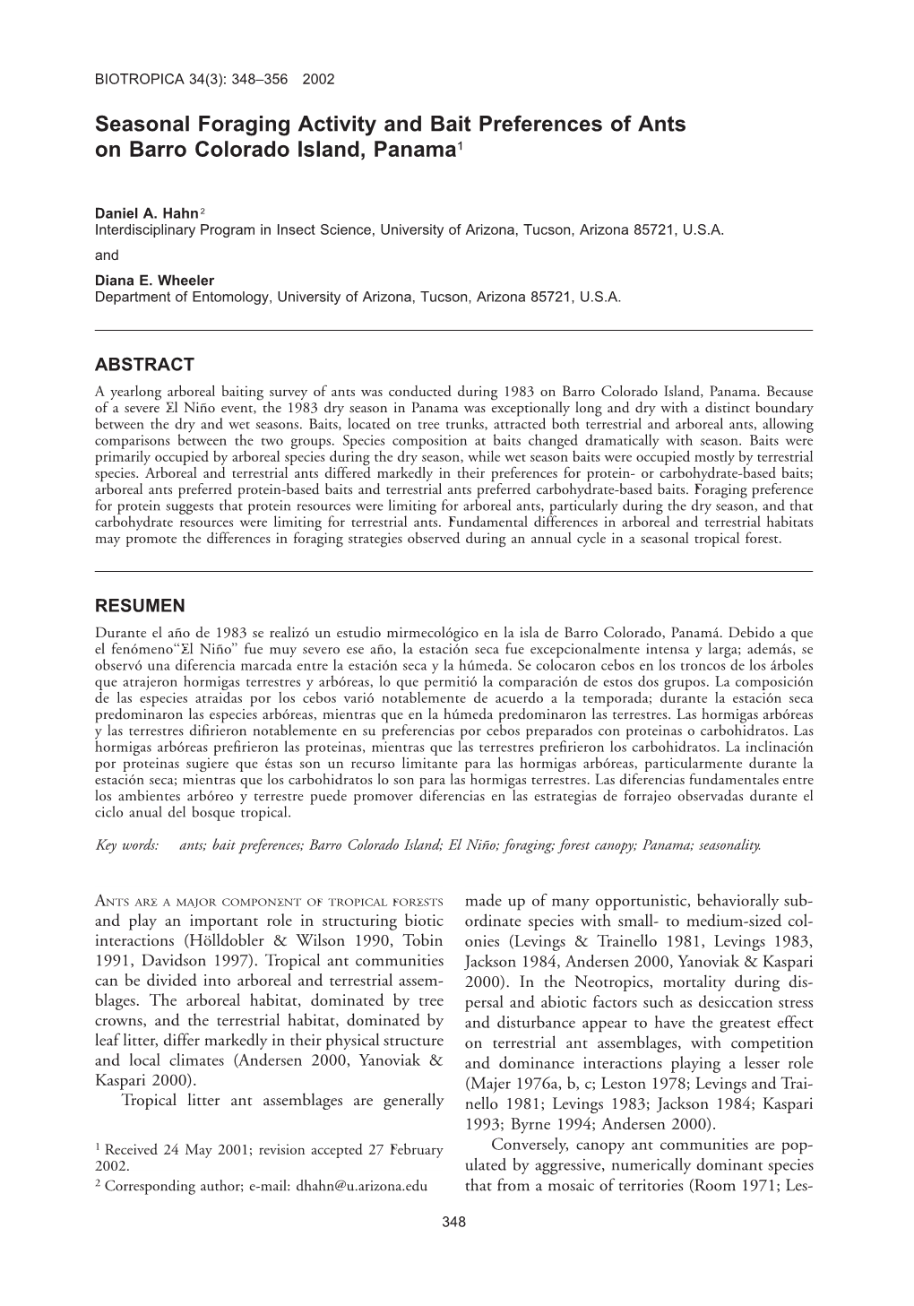 Seasonal Foraging Activity and Bait Preferences of Ants on Barro Colorado Island, Panama1