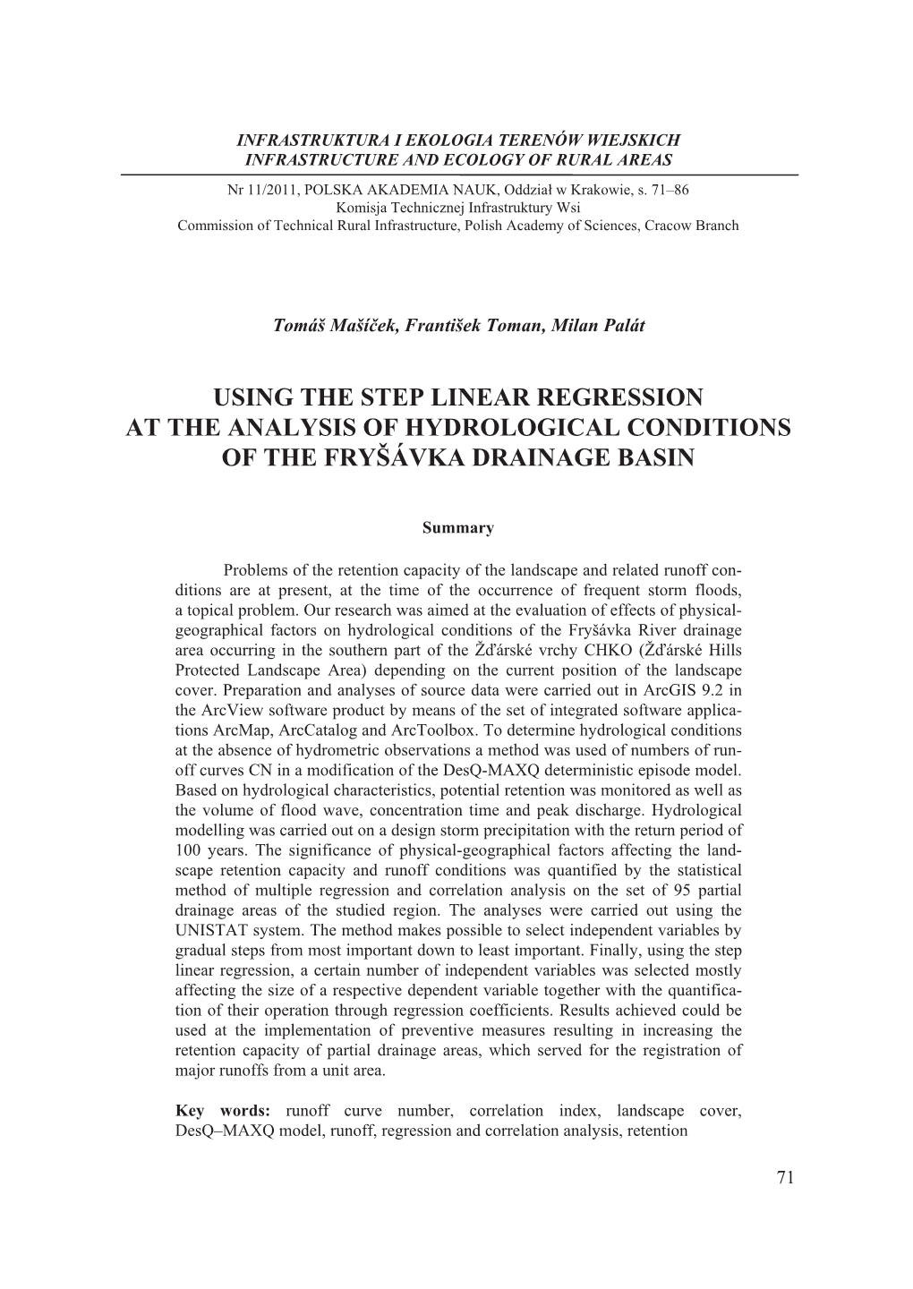 Using the Step Linear Regression at the Analysis of Hydrological Conditions of the Fryšávka Drainage Basin