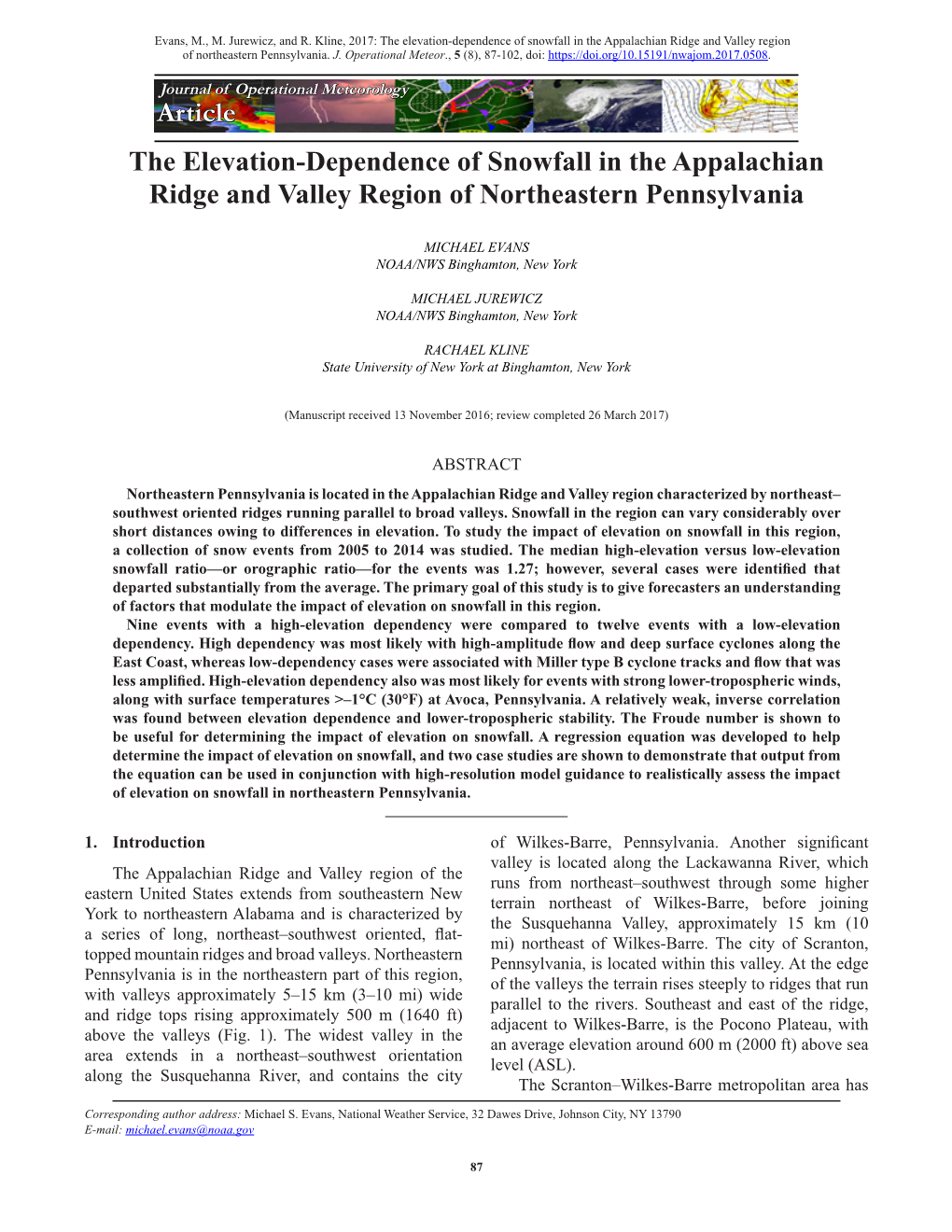 The Elevation-Dependence of Snowfall in the Appalachian Ridge and Valley Region of Northeastern Pennsylvania