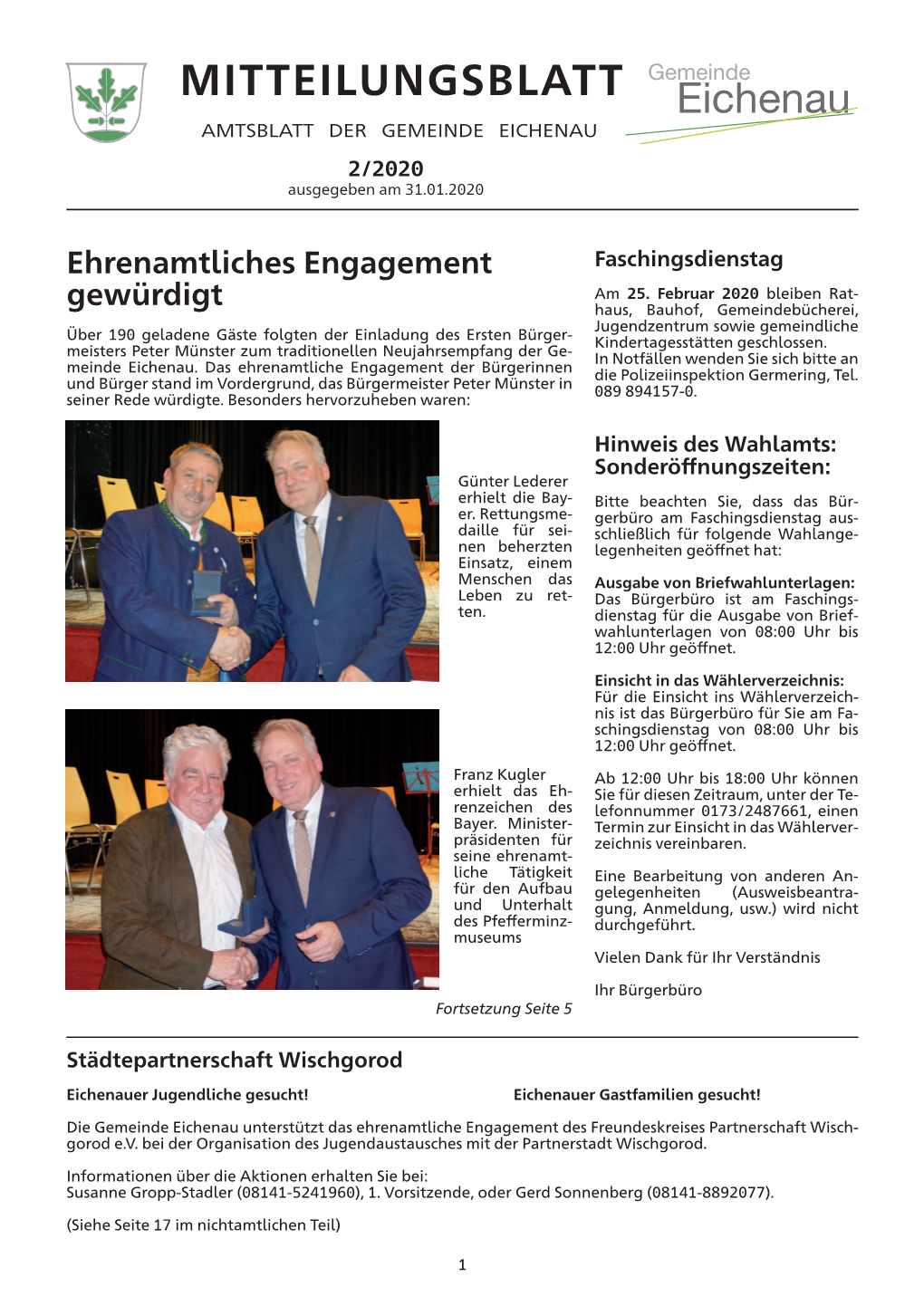 MITTEILUNGSBLATT AMTSBLATT DER GEMEINDE EICHENAU 2/2020 Ausgegeben Am 31.01.2020