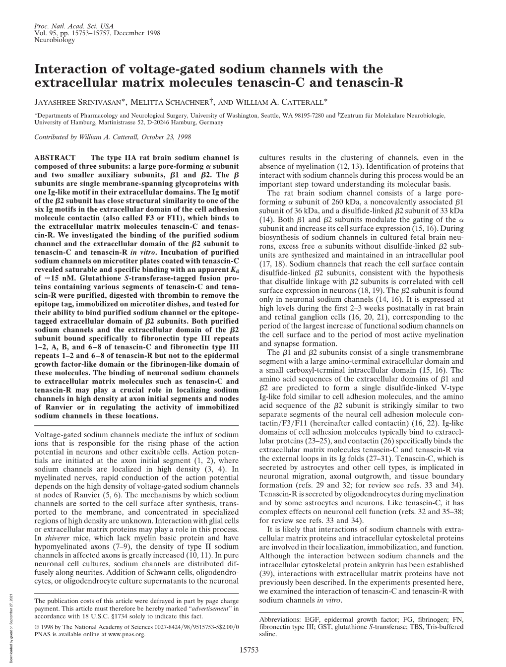 Interaction of Voltage-Gated Sodium Channels with the Extracellular Matrix Molecules Tenascin-C and Tenascin-R