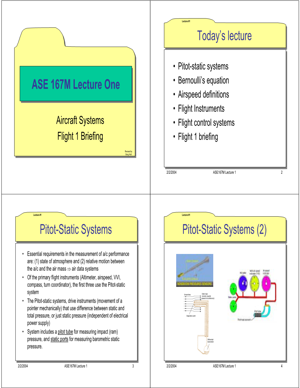 ASE 167M Lecture One Today's Lecture Pitot-Static Systems Pitot