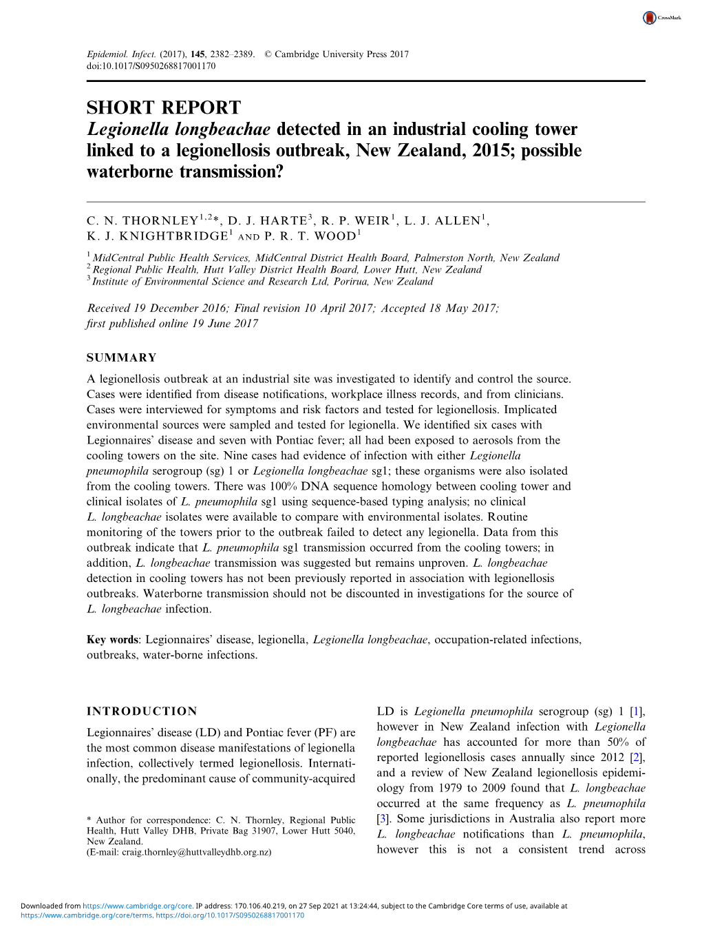 SHORT REPORT Legionella Longbeachae Detected in an Industrial Cooling Tower Linked to a Legionellosis Outbreak, New Zealand, 2015; Possible Waterborne Transmission?