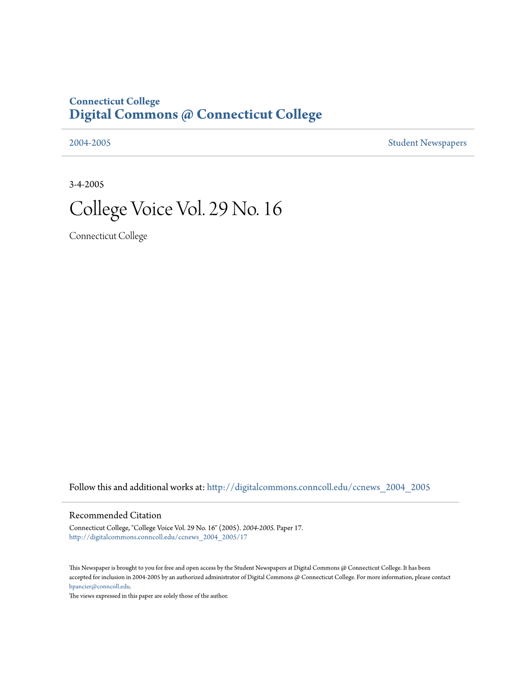 College Voice Vol. 29 No. 16 Connecticut College
