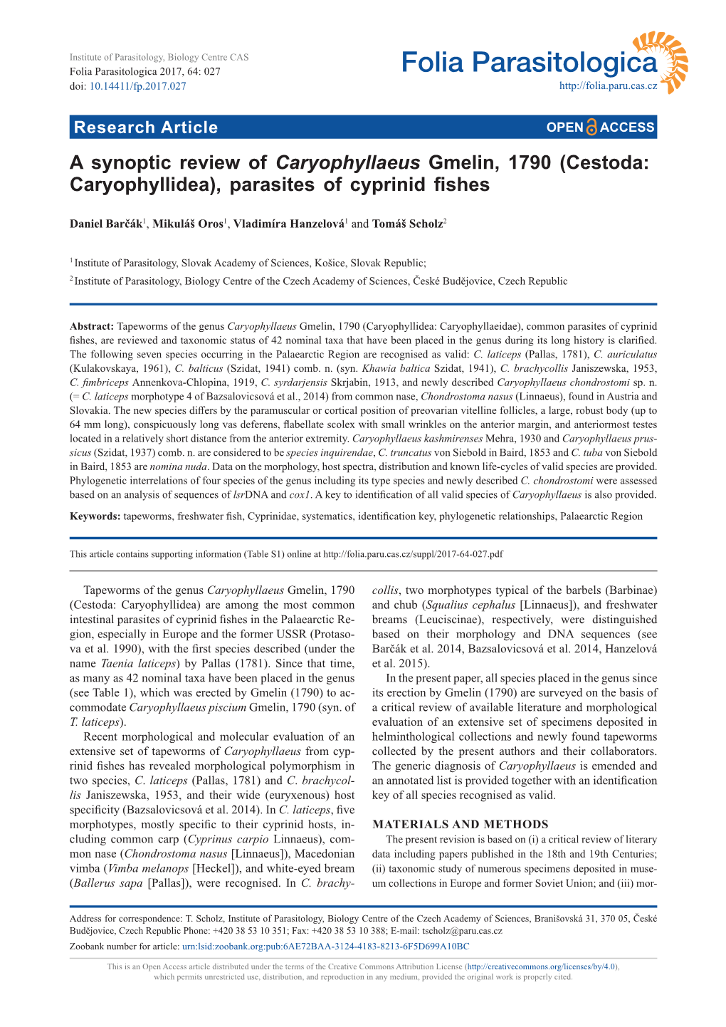 Cestoda: Caryophyllidea), Parasites of Cyprinid Fishes