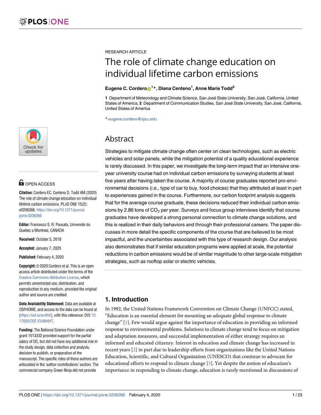 The Role of Climate Change Education on Individual Lifetime Carbon Emissions