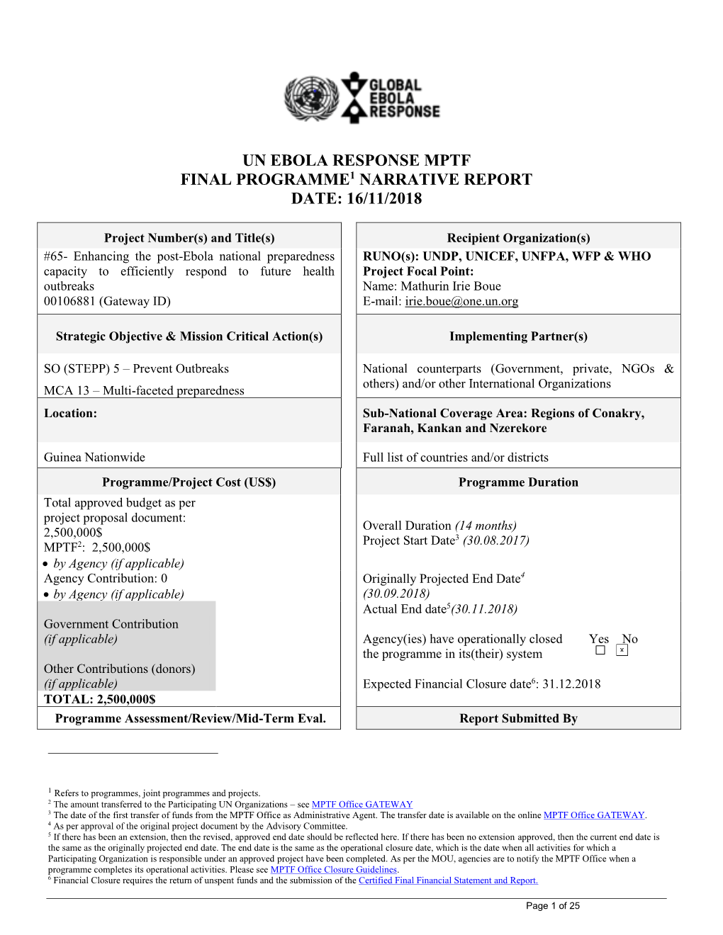 Un Ebola Response Mptf Final Programme1 Narrative Report Date: 16/11/2018