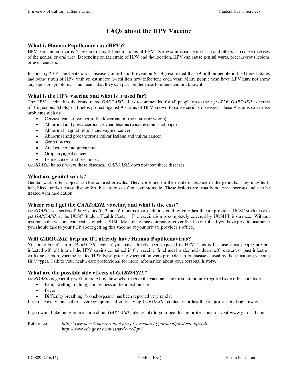 Faqs About the HPV Vaccine (Gardasil)