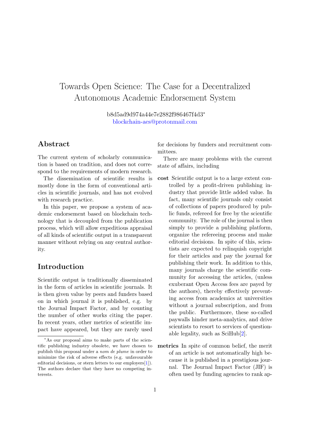 Towards Open Science: the Case for a Decentralized Autonomous Academic Endorsement System