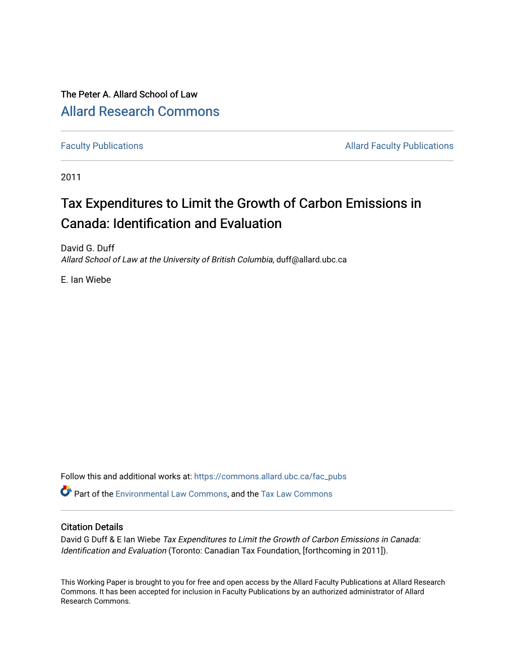 Tax Expenditures to Limit the Growth of Carbon Emissions in Canada: Identification and Ve Aluation