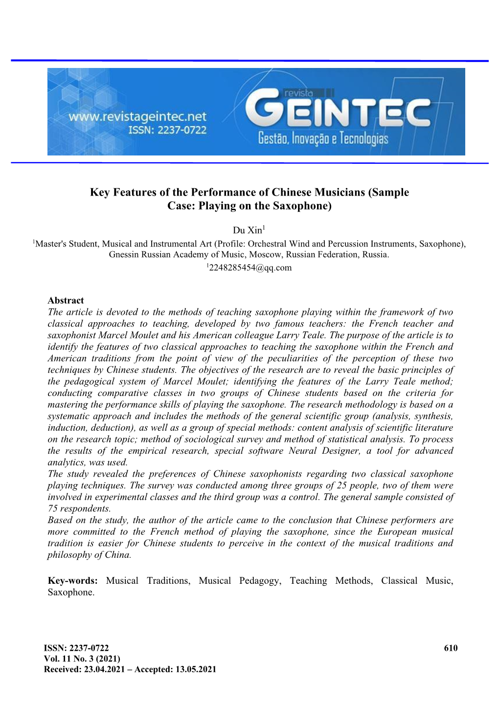 Key Features of the Performance of Chinese Musicians (Sample Case: Playing on the Saxophone)