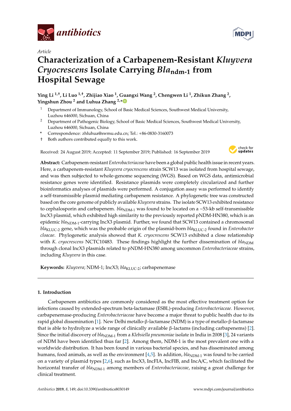 Characterization of a Carbapenem-Resistant Kluyvera Cryocrescens Isolate Carrying Blandm-From Hospital Sewage