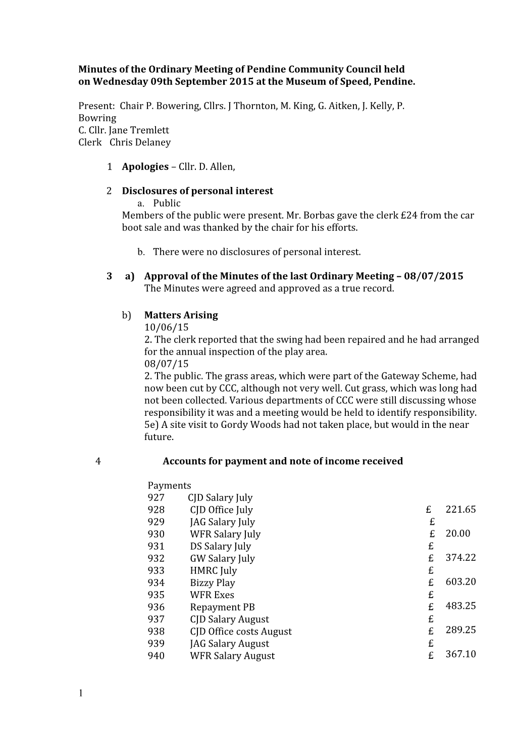 Minutes of the Ordinary Meeting of Pendine Community Council Held