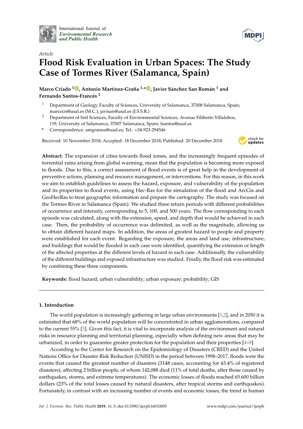 Flood Risk Evaluation in Urban Spaces: the Study Case of Tormes River (Salamanca, Spain)