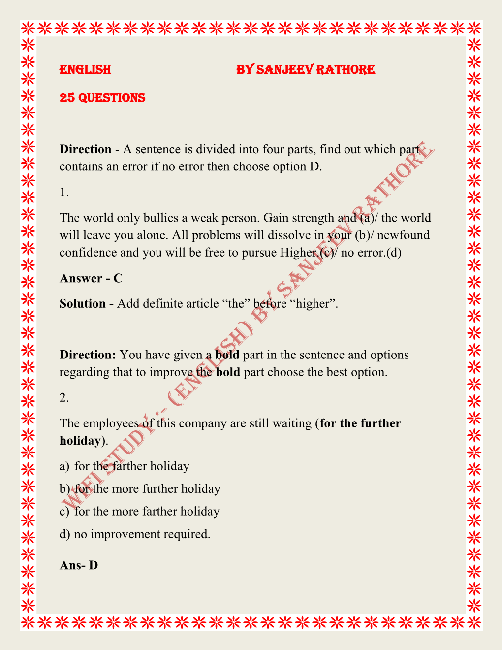 ENGLISH by SANJEEV RATHORE 25 QUESTIONS Direction