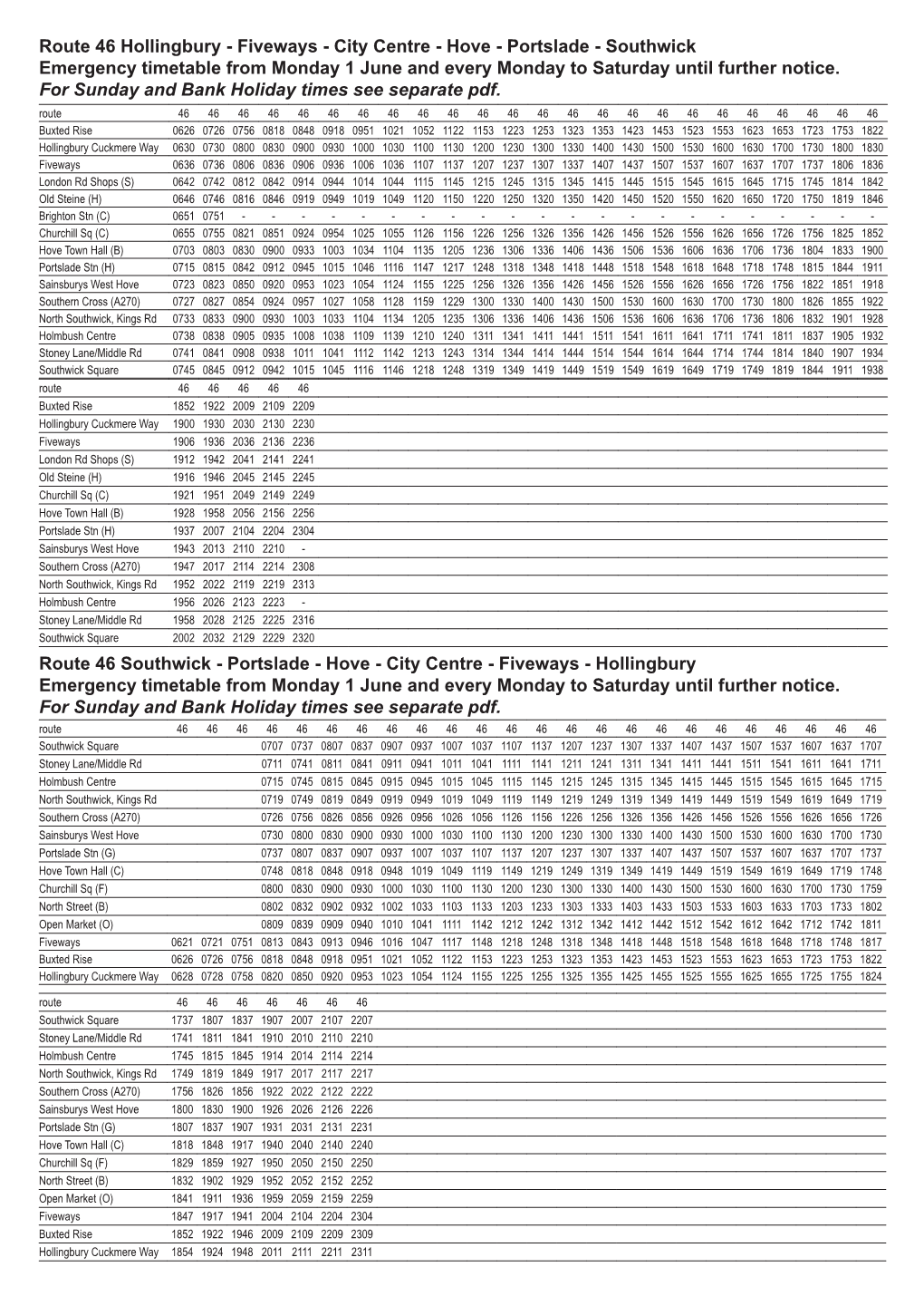 Route 46 Hollingbury - Fiveways - City Centre - Hove - Portslade - Southwick Emergency Timetable from Monday 1 June and Every Monday to Saturday Until Further Notice