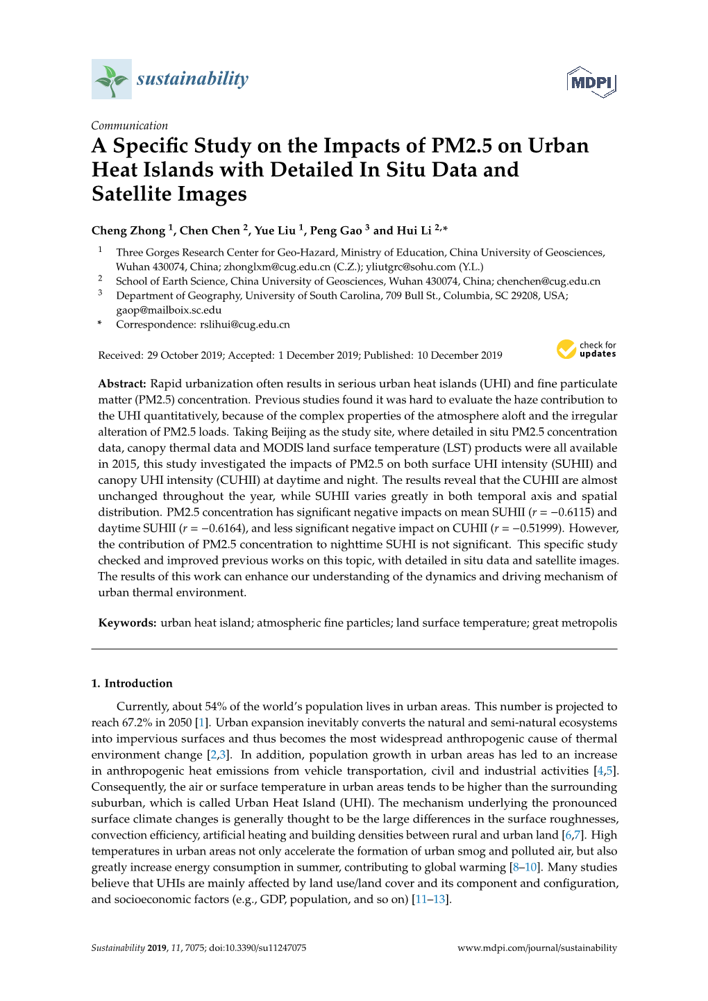 A Specific Study on the Impacts of PM2.5 on Urban Heat Islands With