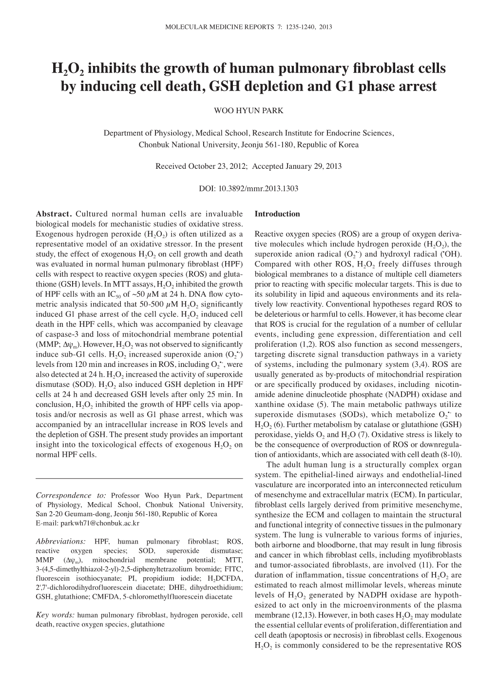 H2O2 Inhibits the Growth of Human Pulmonary Fibroblast Cells by Inducing Cell Death, GSH Depletion and G1 Phase Arrest