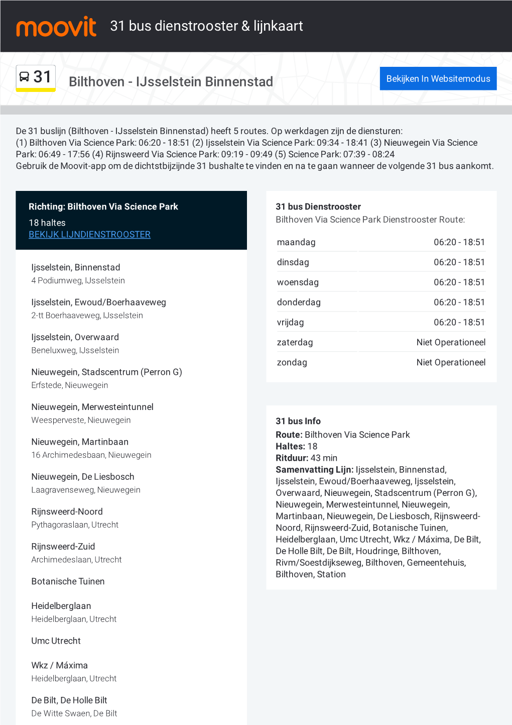 31 Bus Dienstrooster & Lijnroutekaart