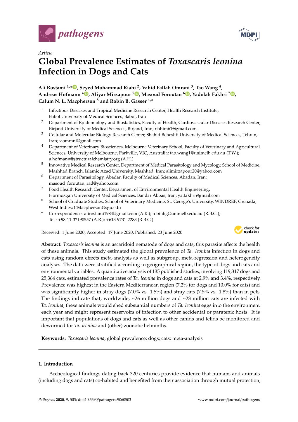 Global Prevalence Estimates of Toxascaris Leonina Infection in Dogs and Cats