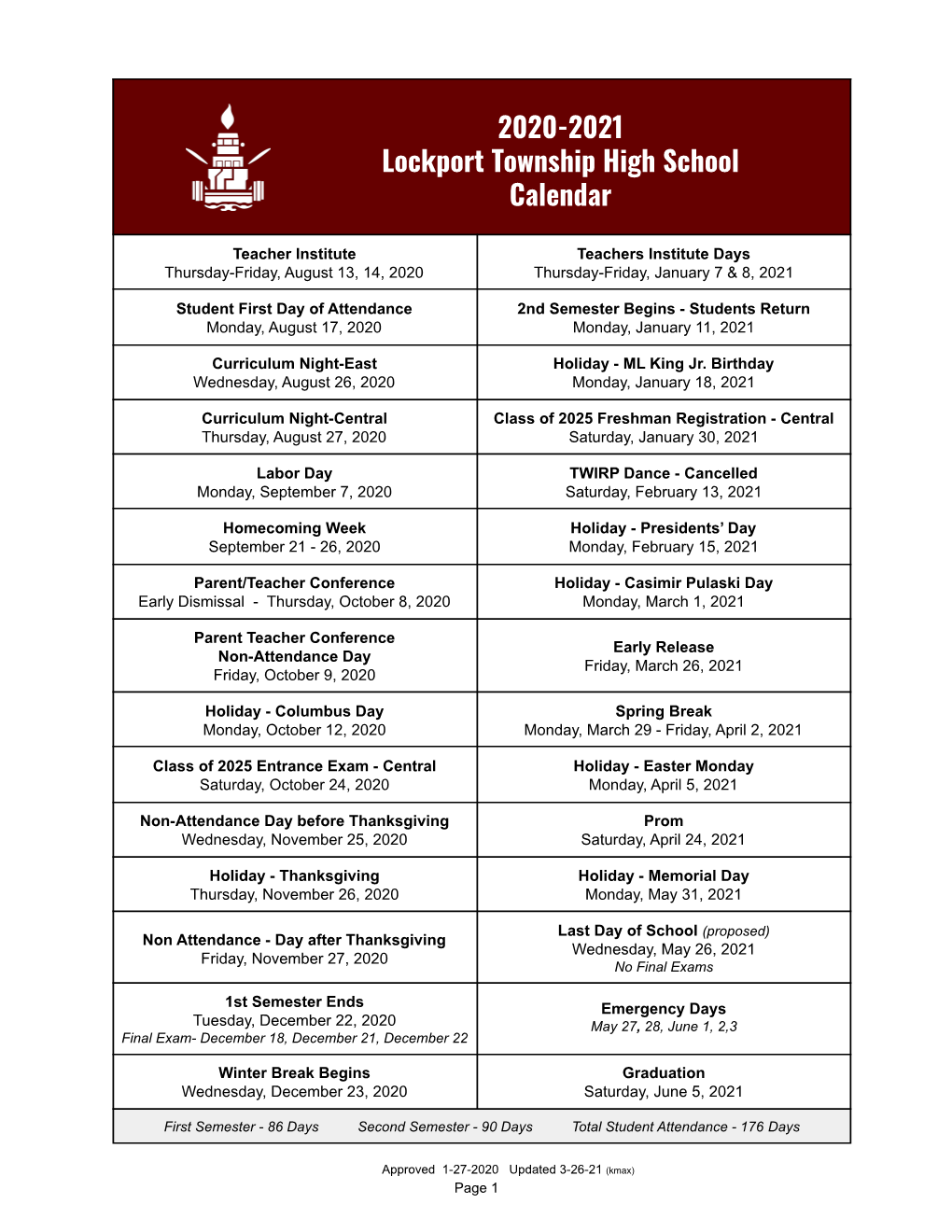2020-2021 Lockport Township High School Calendar