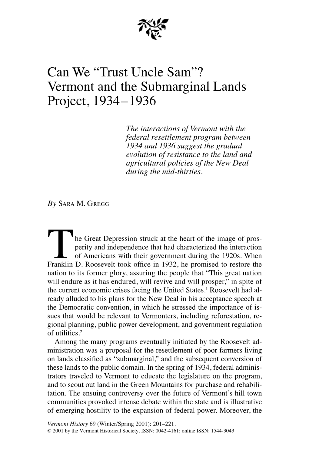 Vermont and the Submarginal Lands Project, 1934–1936