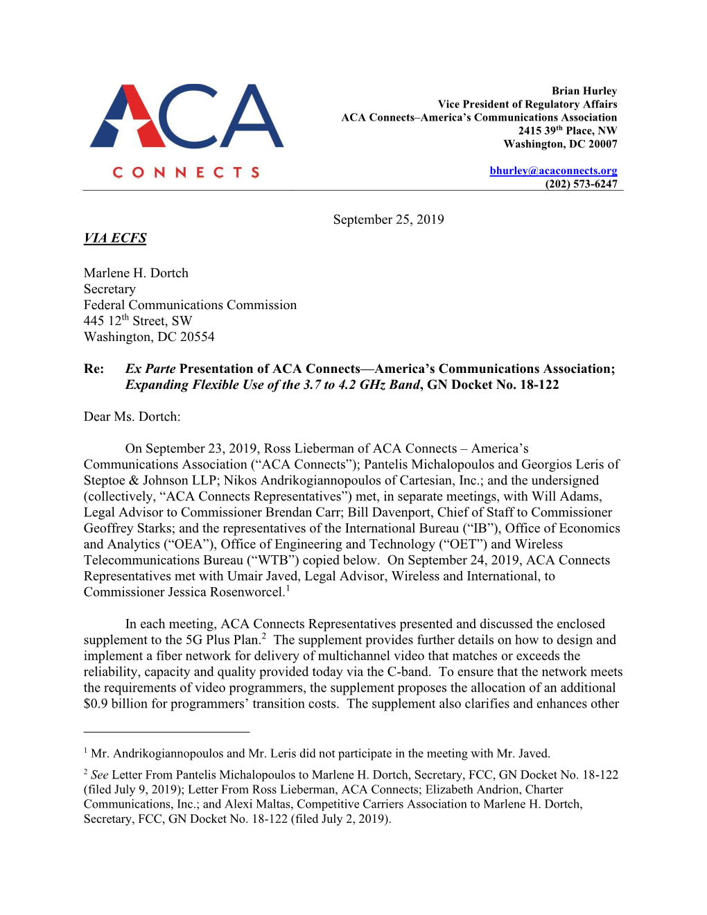 ACA Connects Ex Parte Re 5G Plus Plan Supplement