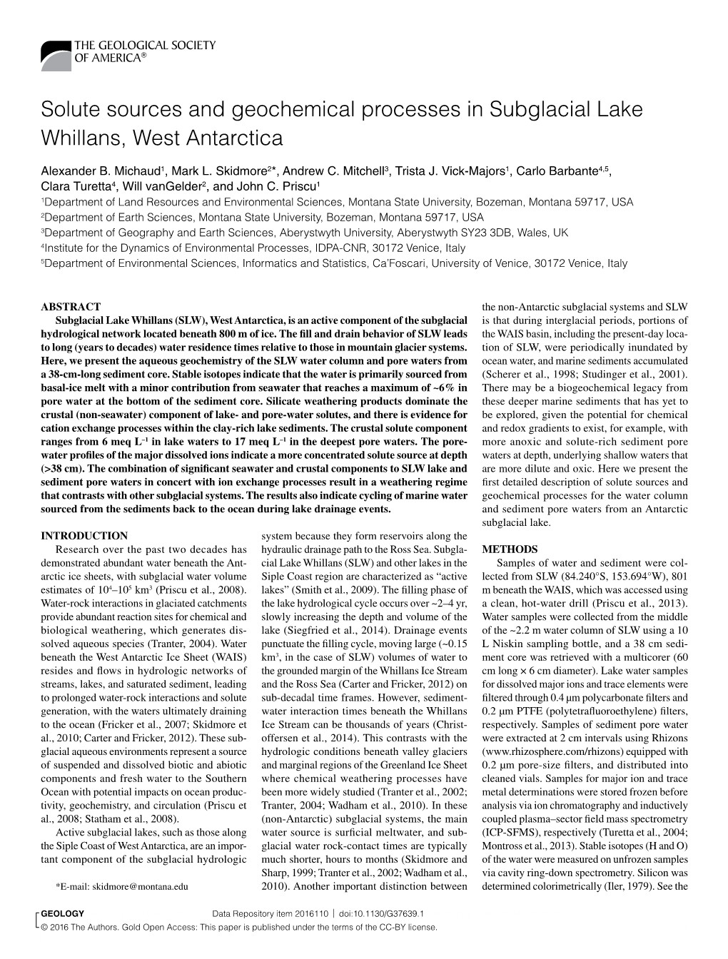 Solute Sources and Geochemical Processes in Subglacial Lake Whillans, West Antarctica