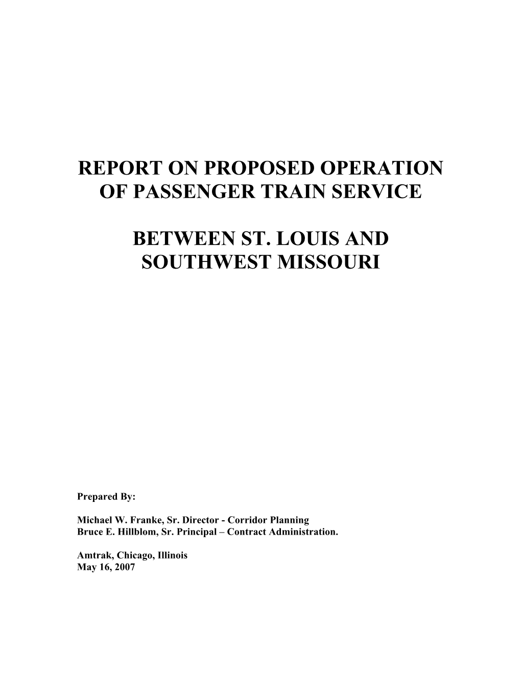 Report on Proposed Operation of Passenger Train Service Between St