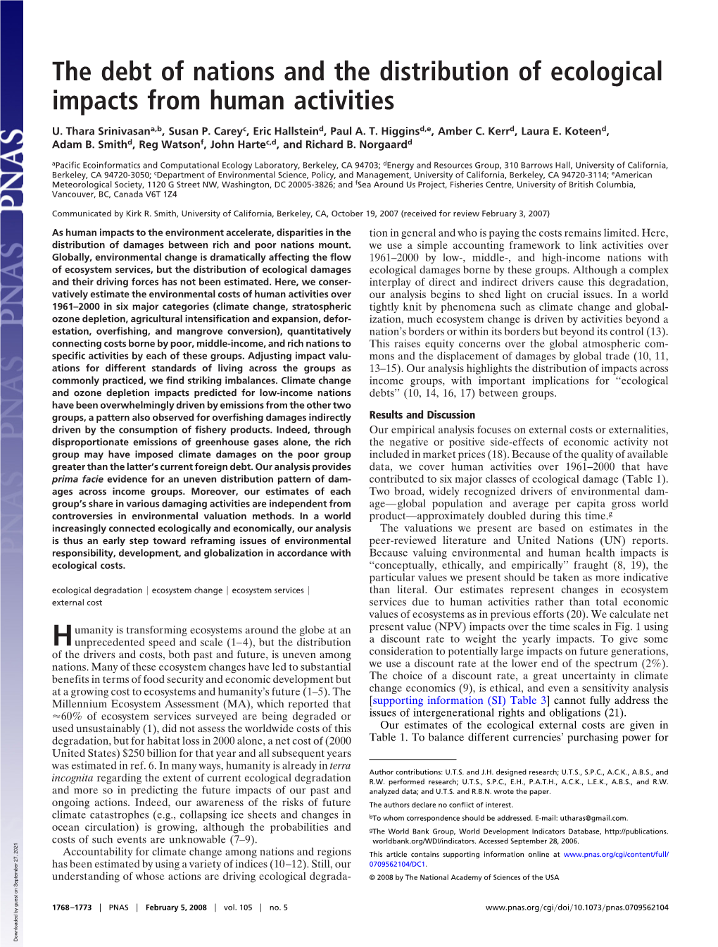 The Debt of Nations and the Distribution of Ecological Impacts from Human Activities