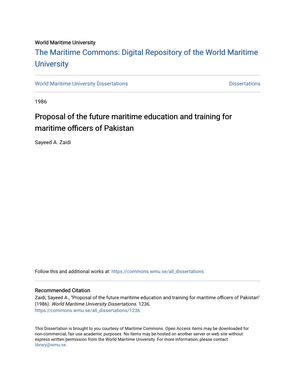 Proposal of the Future Maritime Education and Training for Maritime Officers of Pakistan" (1986)