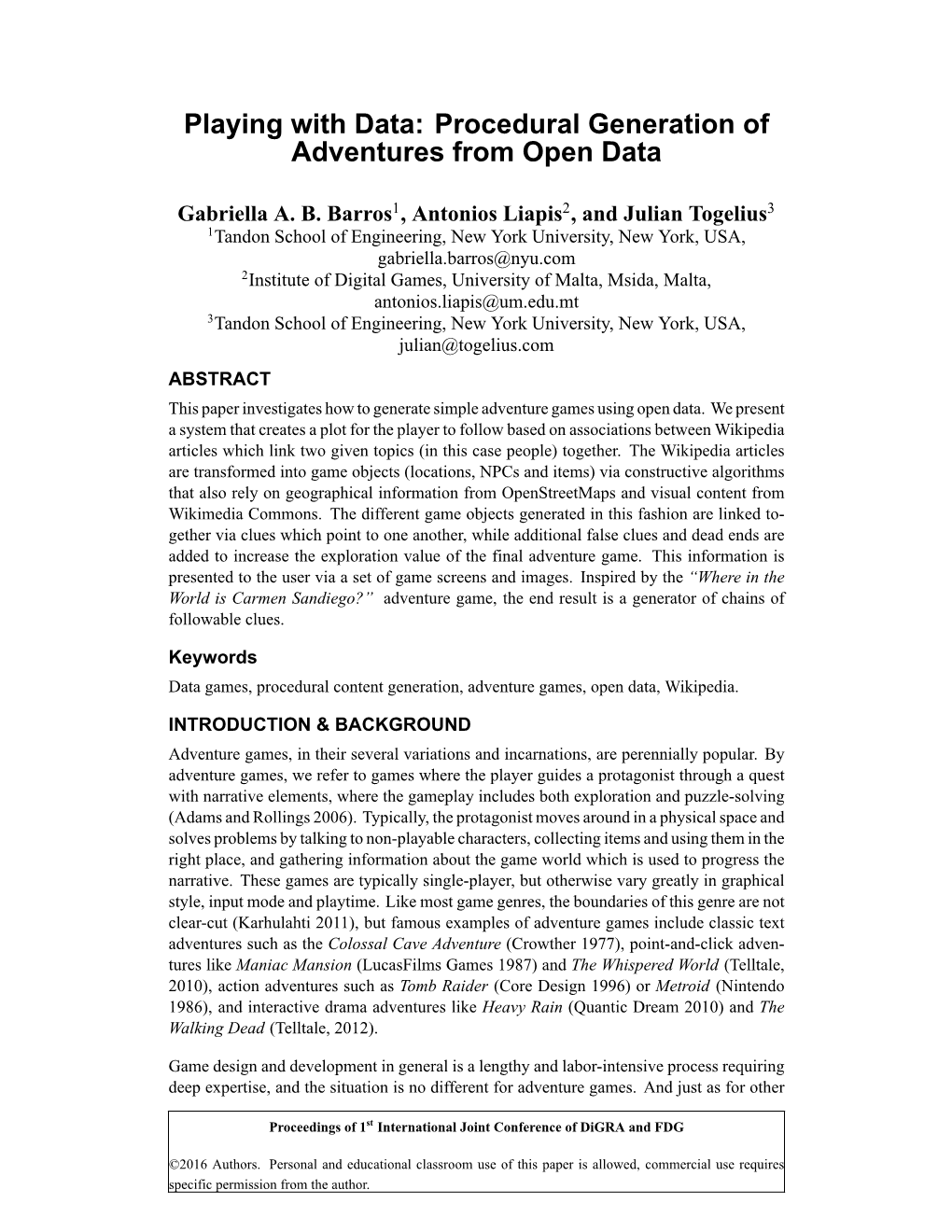 Playing with Data: Procedural Generation of Adventures from Open Data