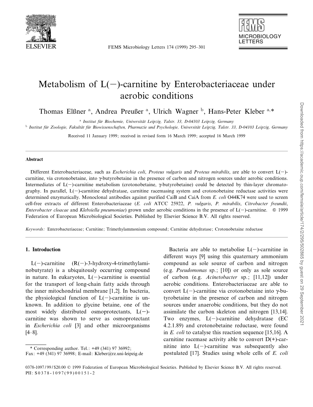 Metabolism of L (−)-Carnitine by Enterobacteriaceae Under Aerobic