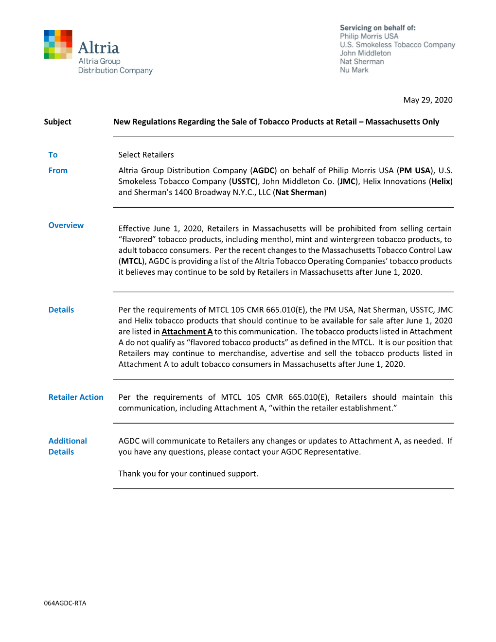 May 29, 2020 Subject New Regulations Regarding the Sale of Tobacco Products at Retail – Massachusetts Only to from Select Reta