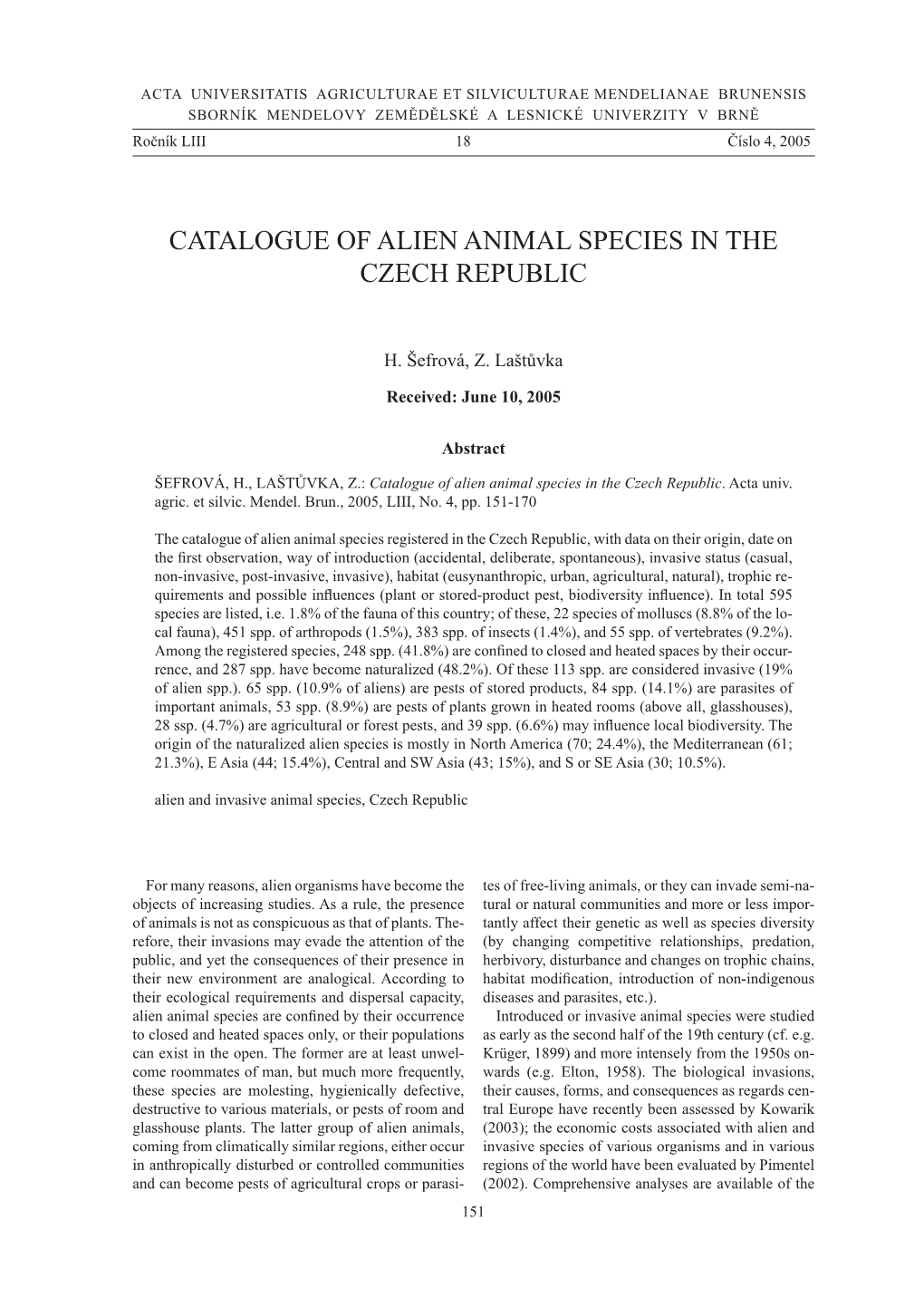 Catalogue of Alien Animal Species in the Czech Republic