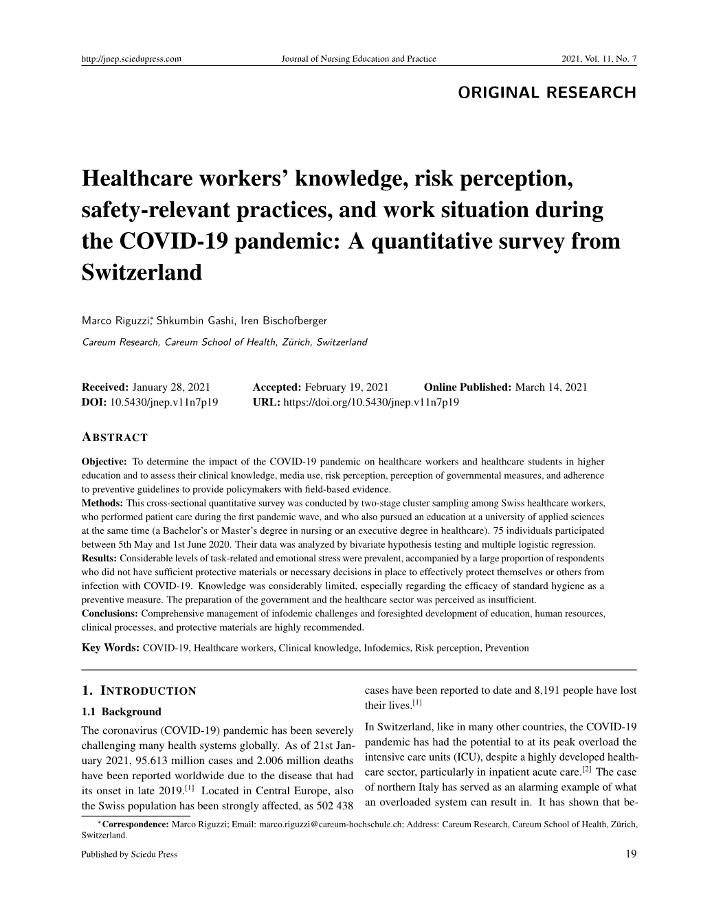 Healthcare Workers' Knowledge, Risk Perception, Safety-Relevant