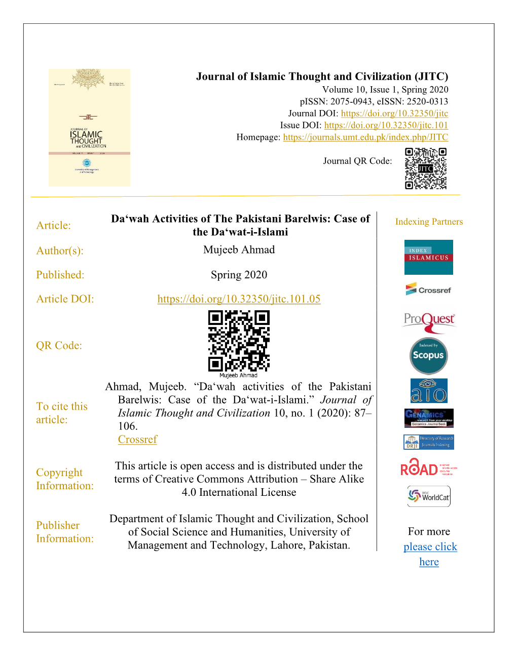 Journal of Islamic Thought and Civilization (JITC)