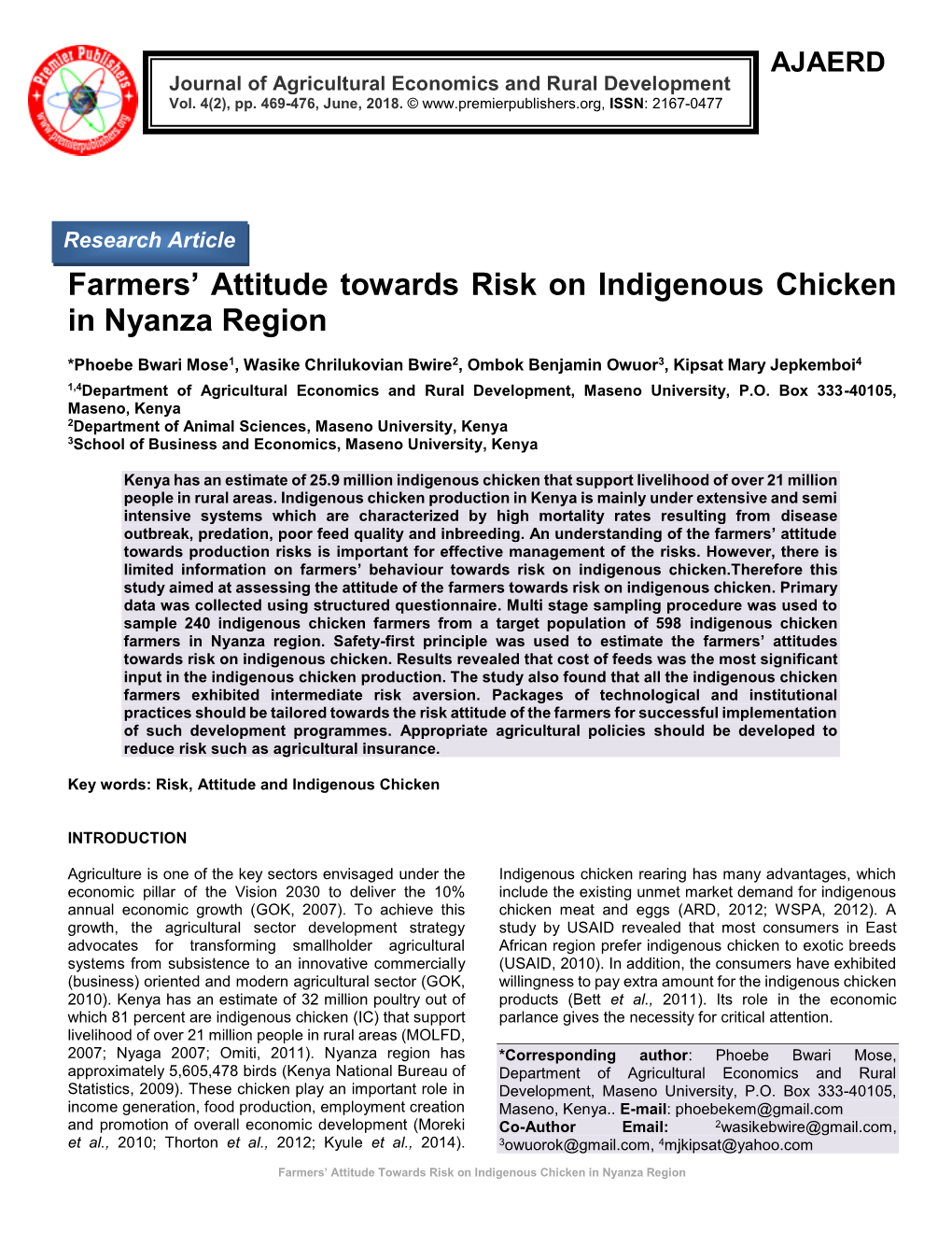 Farmers' Attitude Towards Risk on Indigenous Chicken in Nyanza