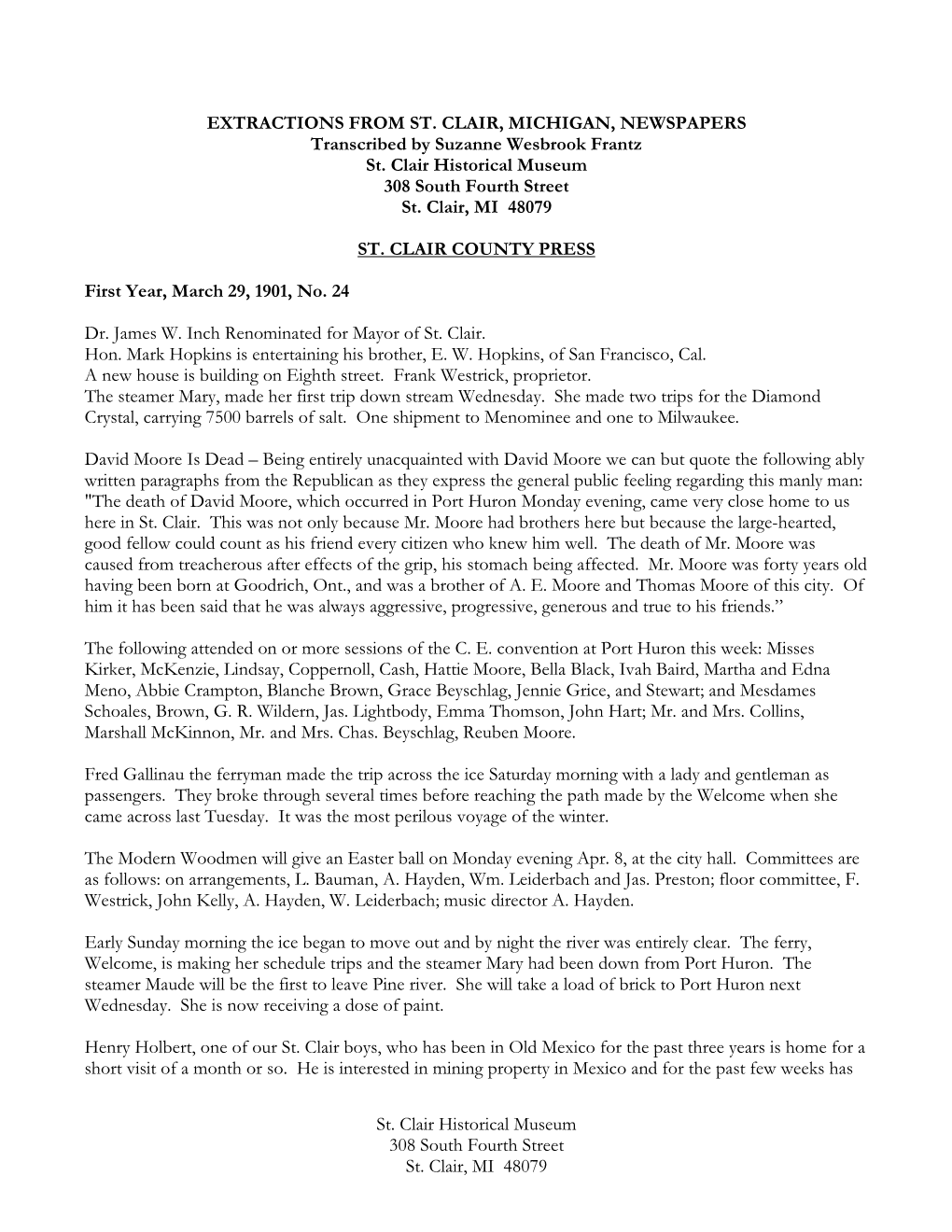 St. Clair Historical Museum 308 South Fourth Street St. Clair, MI 48079 EXTRACTIONS from ST. CLAIR, MICHIGAN, NEWSPAPERS Transc