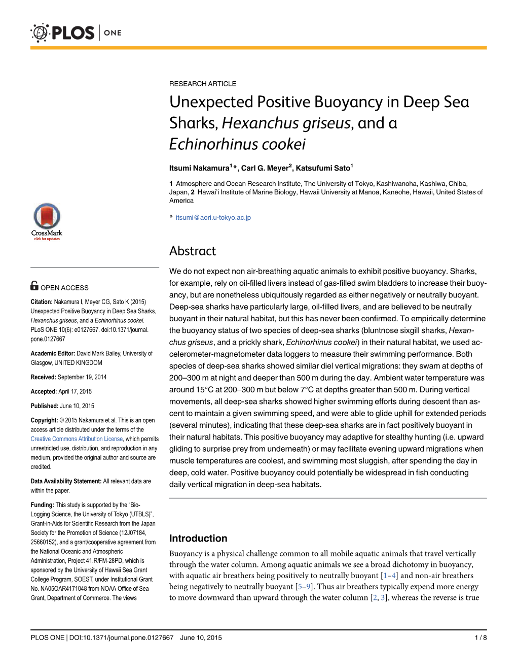 Unexpected Positive Buoyancy in Deep Sea Sharks, Hexanchus Griseus, and a Echinorhinus Cookei