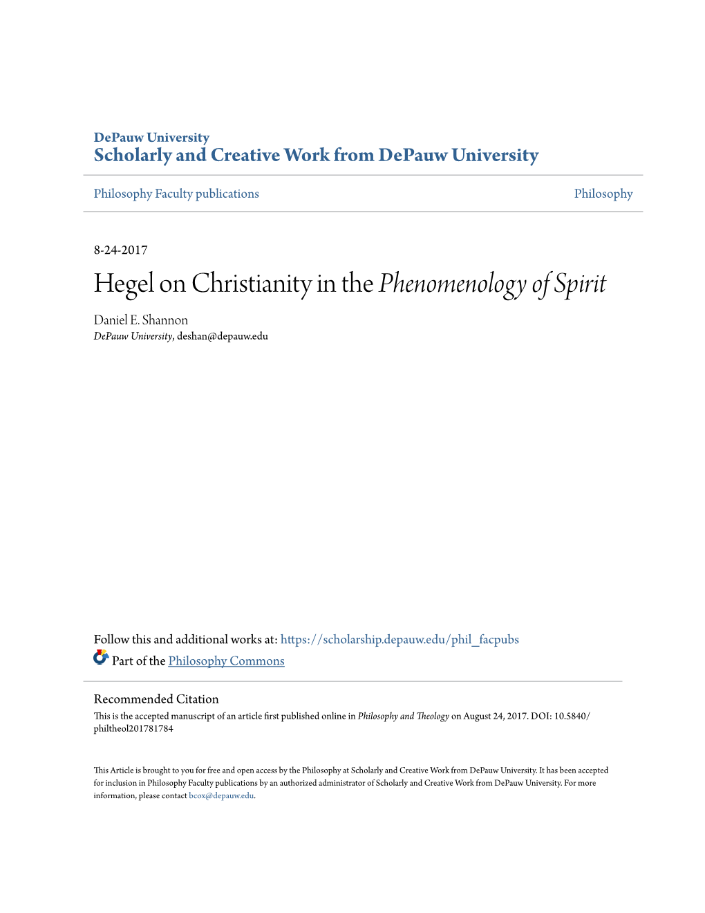 Hegel on Christianity in the Phenomenology of Spirit Daniel E