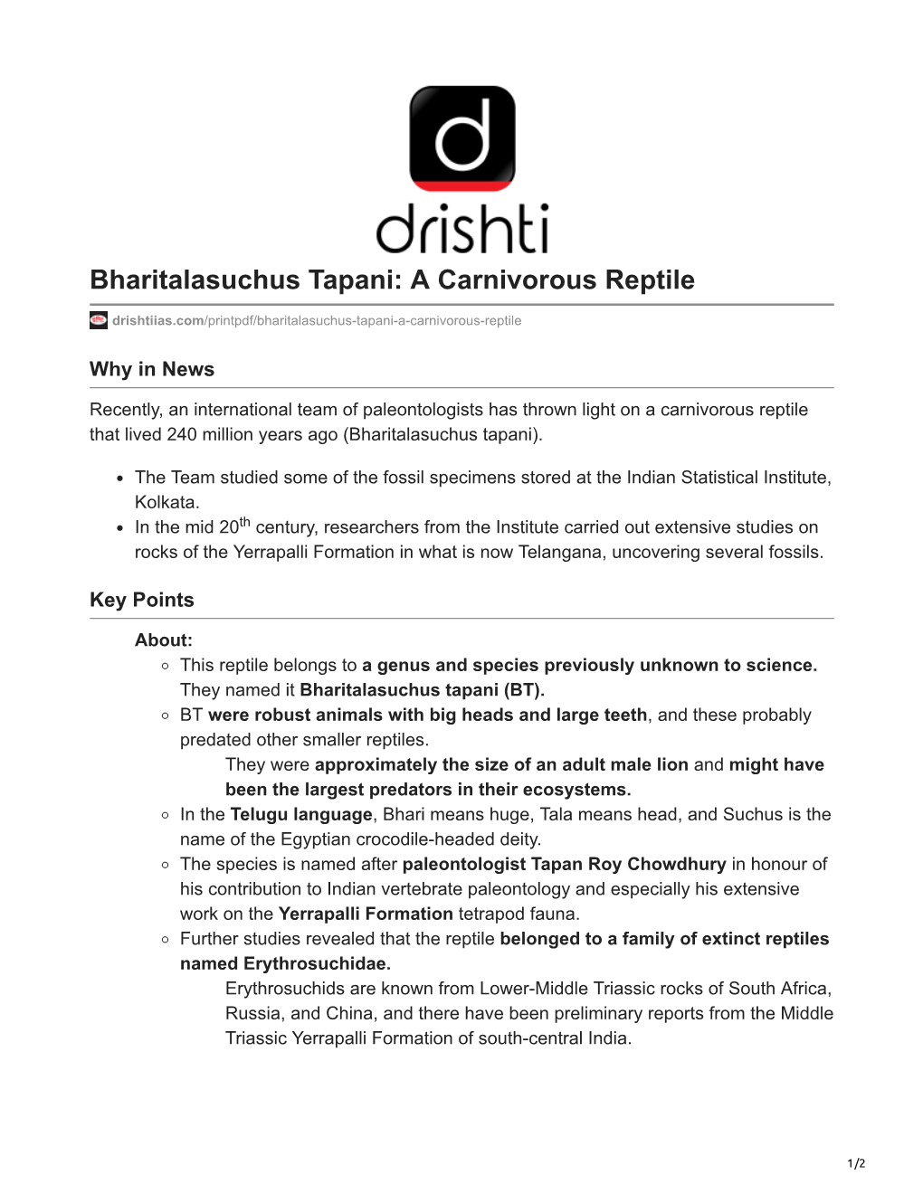 Bharitalasuchus Tapani: a Carnivorous Reptile