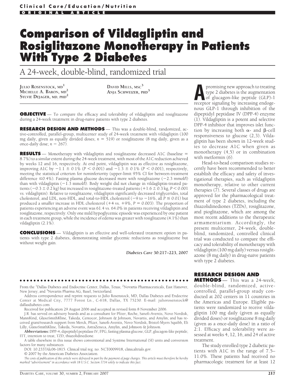 Comparison of Vildagliptin and Rosiglitazone Monotherapy in Patients with Type 2 Diabetes a 24-Week, Double-Blind, Randomized Trial