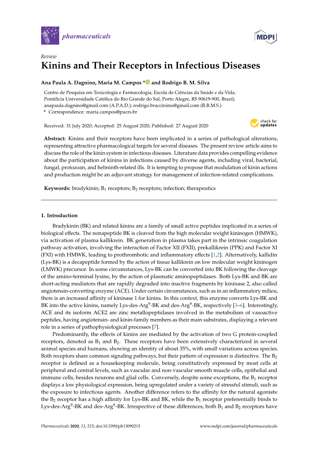 Kinins and Their Receptors in Infectious Diseases