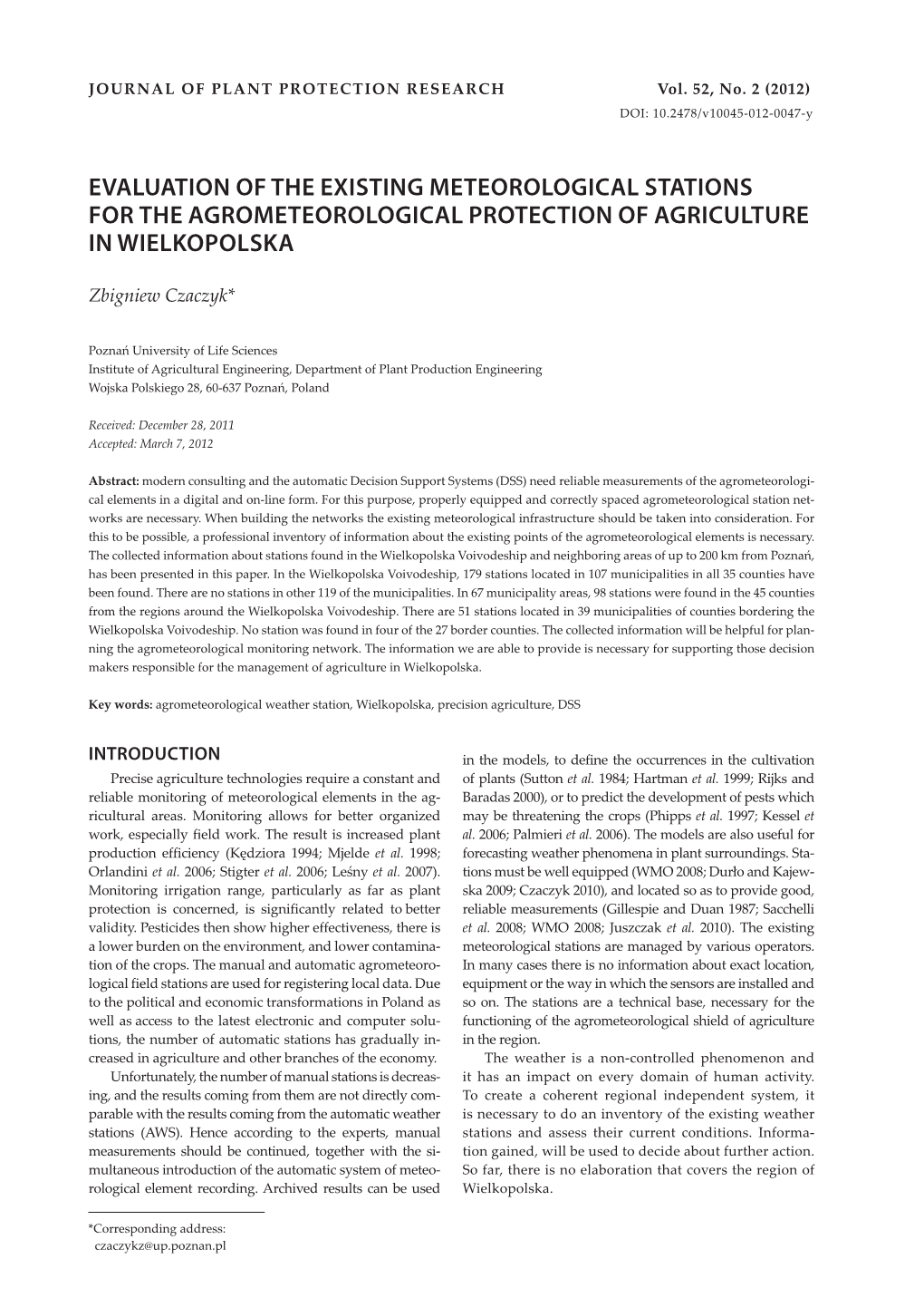 Evaluation of the Existing Meteorological Stations for the Agrometeorological Protection of Agriculture in Wielkopolska