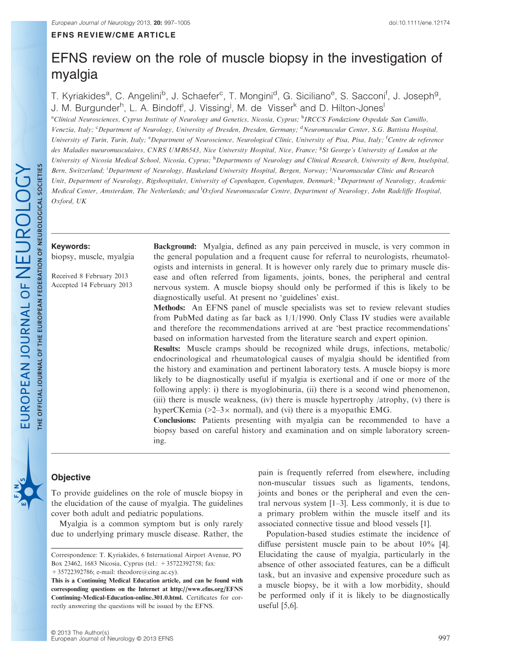 EFNS Review on the Role of Muscle Biopsy in the Investigation of Myalgia