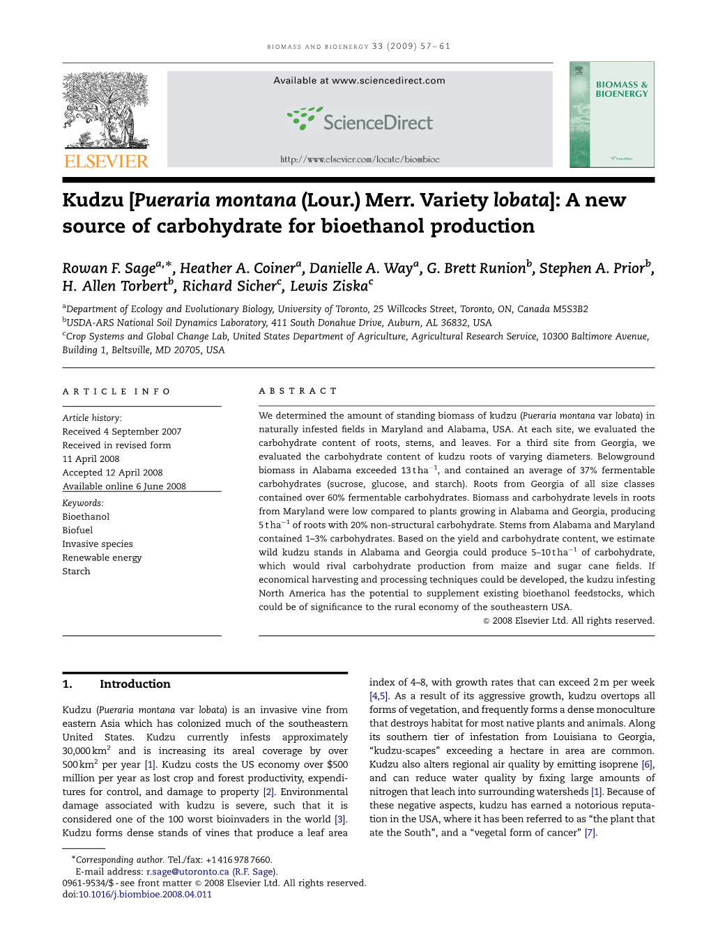 Kudzu [Pueraria Montana (Lour.) Merr. Variety Lobata]: a New Source of Carbohydrate for Bioethanol Production